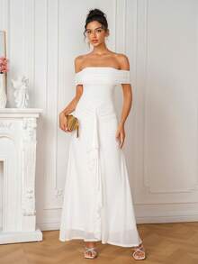 PARTHEA Women's Elegant Off-Shoulder Ruched Waist Long Dress, White Ruffle Trim Fitted Maxi Dress, Suitable For Cocktail Party, Evening Event, Wedding - White - View 6