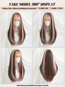 NAMM 26 Inch Brown & Pink Highlight Wig With Bangs Long Layered Straight Hair Wigs ForWomenNatural Looking Synthetic Heat Resistant Fiber Wig For Daily Wear, Hallowmas Party Cosplay Use - Multicolor - View 6