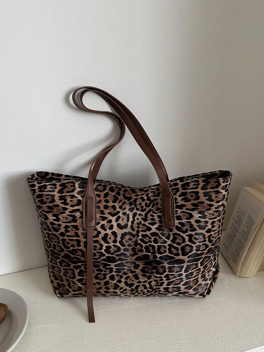 1pc Brown PU Smooth Zipper Leopard Print Fashion Versatile Casual Minimalist Autumn/Winter New Niche Shoulder Tote Bag For Women Daily Use - Brown - View 1
