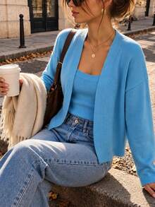 Women's Fall Winter Solid Color Knit 2 Pieces Set, Long Sleeve Cardigan Coat And Cami Vest, Ribbed Sweater, Cozy Casual Outfit, Back To School Outfit - Blue - View 5