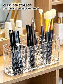 1 Piece Acrylic Makeup Brush Organizer, 3 Compartment Cosmetic Organizer, Pen Holder For Dormitory Bedroom, Back-To-School Essential - Multicolor - View 3
