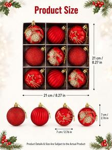 9pcs Red & Gold Christmas Ball Decoration Set, Including Matte, Glitter, Shiny & Textured Styles, Suitable For Outdoor Christmas Tree, Garden, Yard, Porch, Front Door Wreath, Garland, Holiday Party, Wedding, New Year & Winter Home Decor - Red - View 6