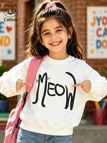 Children's White Crew-Neck Sweatshirt: MEOW Creative Cat-Themed Line Art And Lettering, Minimalist Cartoon Print, Long-Sleeve Top - White - View 1