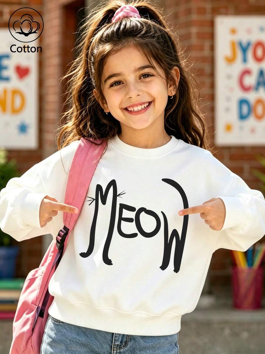 Children's White Crew-Neck Sweatshirt: MEOW Creative Cat-Themed Line Art And Lettering, Minimalist Cartoon Print, Long-Sleeve Top - White - View 1