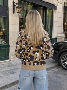 New Women's Casual Minimalist Fuzzy Leopard Print Round Neck Cardigan Jacket, Spring/Autumn/Winter - Brown - View 3