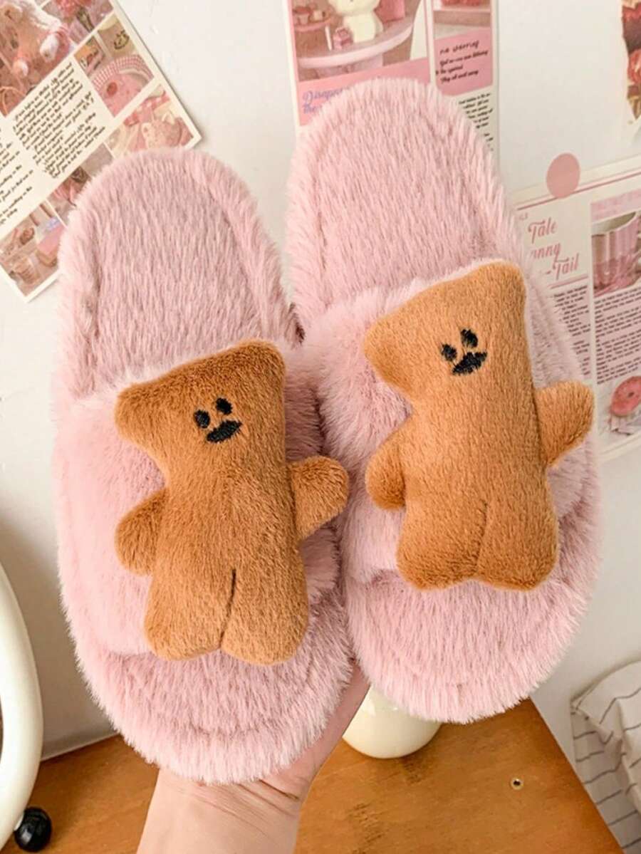 Girl's Autumn/Winter Indoor Plush Slippers, Striped Bear 3D Decor, Thick Sole, Non-Slip, Lightweight, Home One-Strap Slides - Pink - View 1