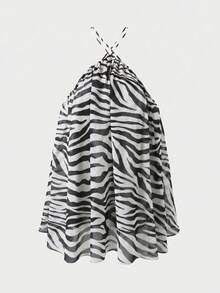 春夏輕量斑馬紋優雅休閒派對性感雪紡露背洋裝，海灘度假約會棕色洋裝，夏季洋裝，海灘洋裝 - 黑與白 - 查看 6