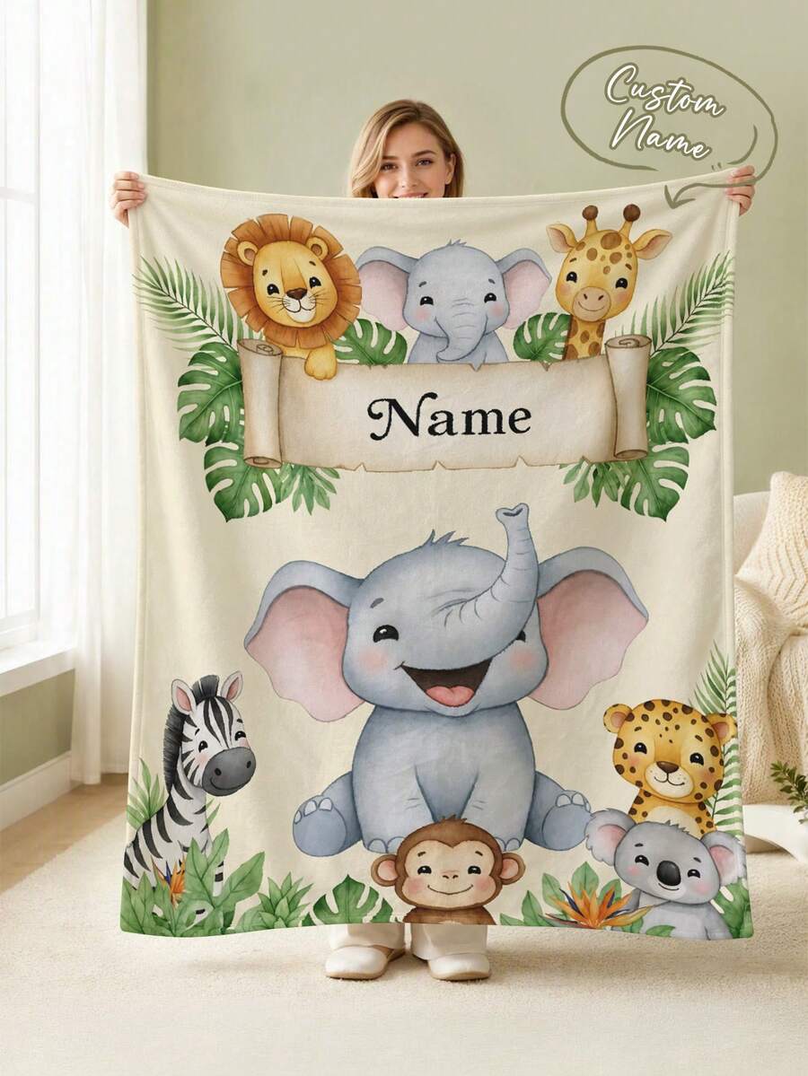 1pc Customizable Name Jungle Animal Blanket, Elephant Lion Zebra Monkey Koala Pattern, Soft Flannel Throw Blanket, Suitable For Home Sofa Decor, Deer Blanket, Floral Blanket, Personalized Gift, Personalized Souvenir Gift, All-Season Sofa Nap Throw Blanket, Great Gift For Commemoration - Style 1 - View 1