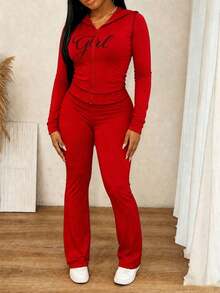 FQLWL Women's Casual Street Style Tracksuit, Printed Zip-Up Hoodie And Pants Set, Long Sleeve 2-Piece Outfit Spring Red Elegant - Red - View 3