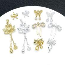 1pc 18K Golden Plated Bowknot Charms With Rhinestones Vintage Filigree Lotus Tassel Pendants Elegant DIY Jewelry Making Supplies For Handmade Craft - Multicolor - View 3