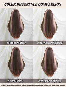 NAMM 26 Inch Brown & Pink Highlight Wig With Bangs Long Layered Straight Hair Wigs ForWomenNatural Looking Synthetic Heat Resistant Fiber Wig For Daily Wear, Hallowmas Party Cosplay Use - Multicolor - View 8