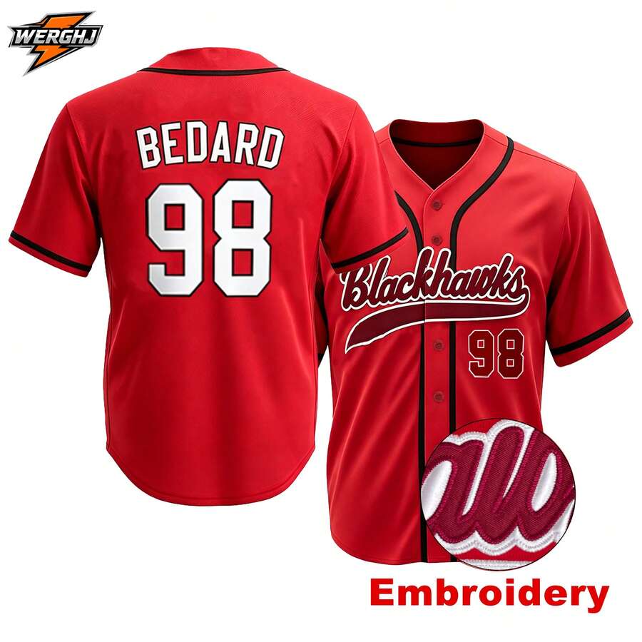 男士 #98 Bedard Blackhawks 紅色棒球球衣，刺繡休閒運動棒球服飾，球迷禮物