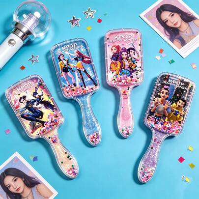 KPop Demon Hunters Cute Witch Hunter Character Printed Detangling Combs, Kpopdemonhunters Glitter Quicksand Air Cushion Hair Brushes. Portable Handheld Massage Hair Brush, Suitable For Girls And Fans Daily Hair Care, Ideal Choice For Party Gifts, Back To School Gifts, Daily Styling Tools, And Also A Cute Collectible For Anime And K-POP Enthusiasts.