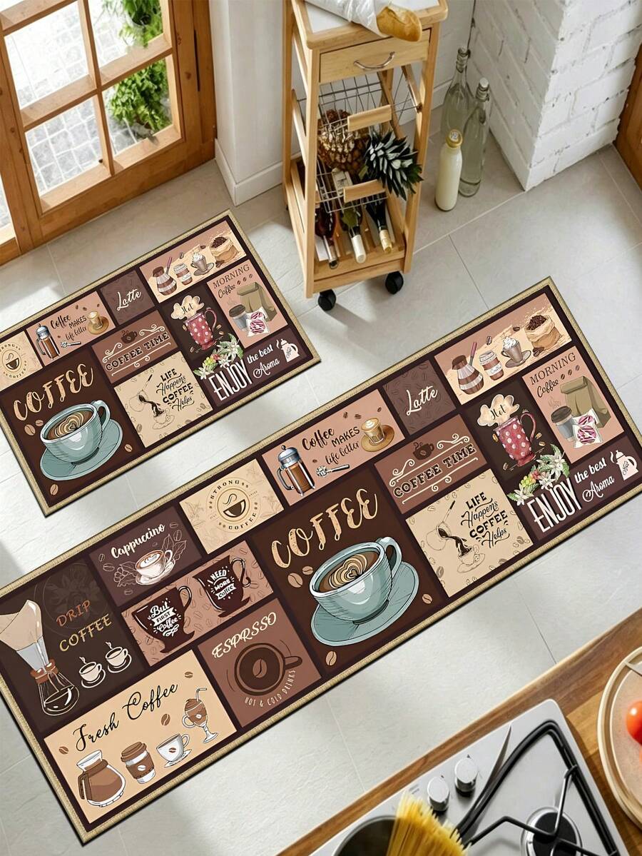 SANJIANGDI 1 buah Keset Dapur Motif Kolase Kopi Retro, Beludru Kristal 0,6mm Lembut dan Dapat Dicuci dengan Mesin. Cocok untuk Dapur, Koridor, Kamar Mandi, Ruang Tamu, Keset Pintu Luar, dan Toilet. Dapat Digunakan Sepanjang Tahun dan untuk Berbagai Hari Libur. - MultiWarna - View 1