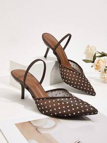 Women's Pointed Toe Mesh Breathable French Polka Dot Red Stiletto Heel Wine Glass Heel High Heel Sandals - Coffee Brown - View 1