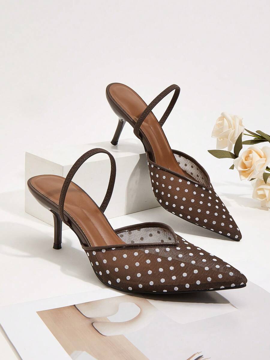 Women's Pointed Toe Mesh Breathable French Polka Dot Red Stiletto Heel Wine Glass Heel High Heel Sandals - Coffee Brown - View 1
