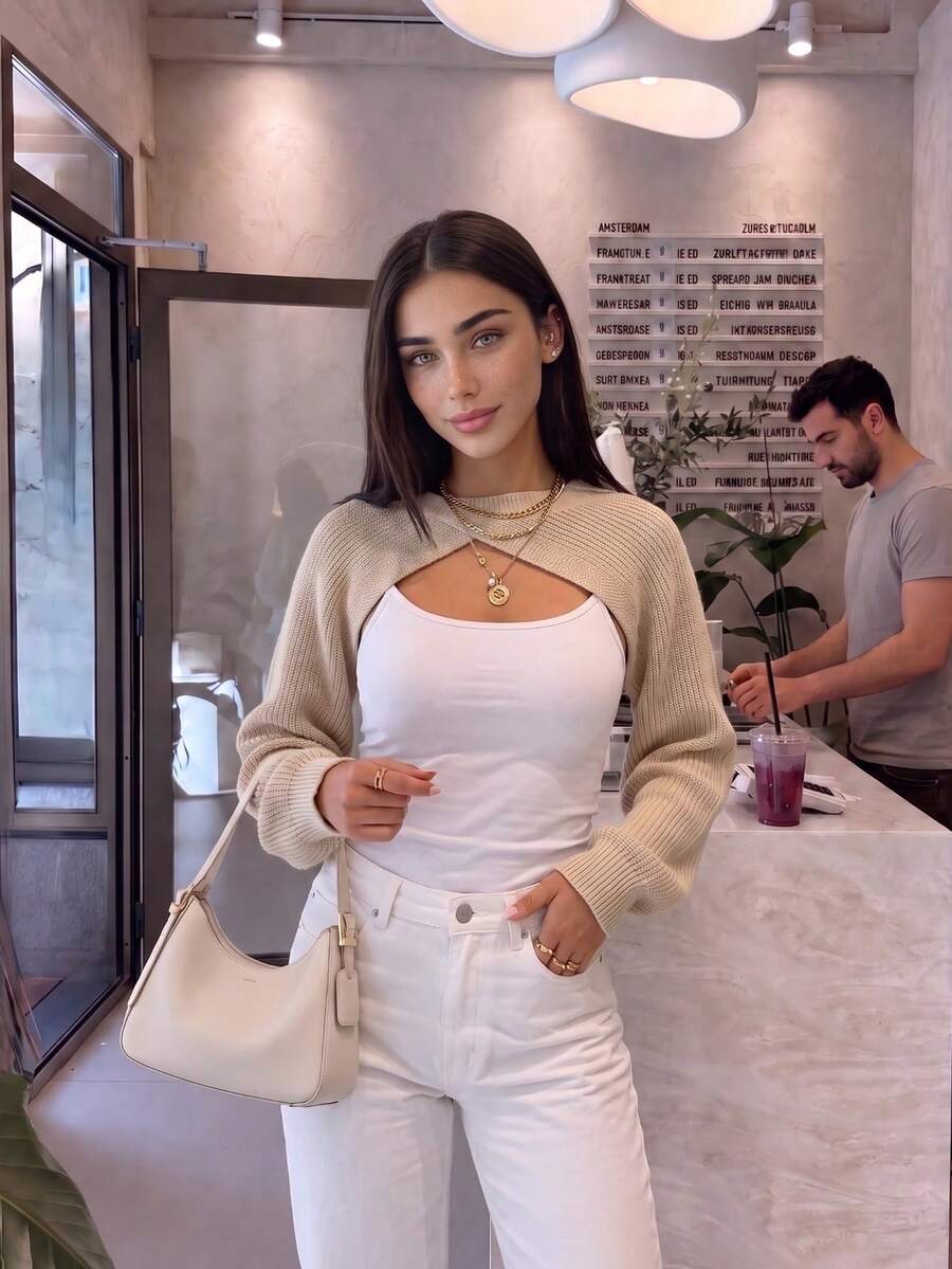 JustMiss Women's Round Neck Long Sleeve Knit Cropped Cold Shoulder Cross Deconstructed Design Cover Up, European And American Hot Girl Style, Spring And Autumn - Khaki - View 1