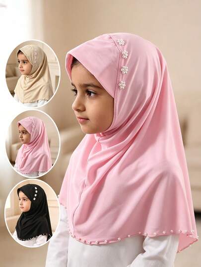 1pc Lightweight One-Piece Children's Headscarf, Decorated With Rhinestones, Pearls And Scalloped Edge, Easy To Wear Muslim Girl Hijab