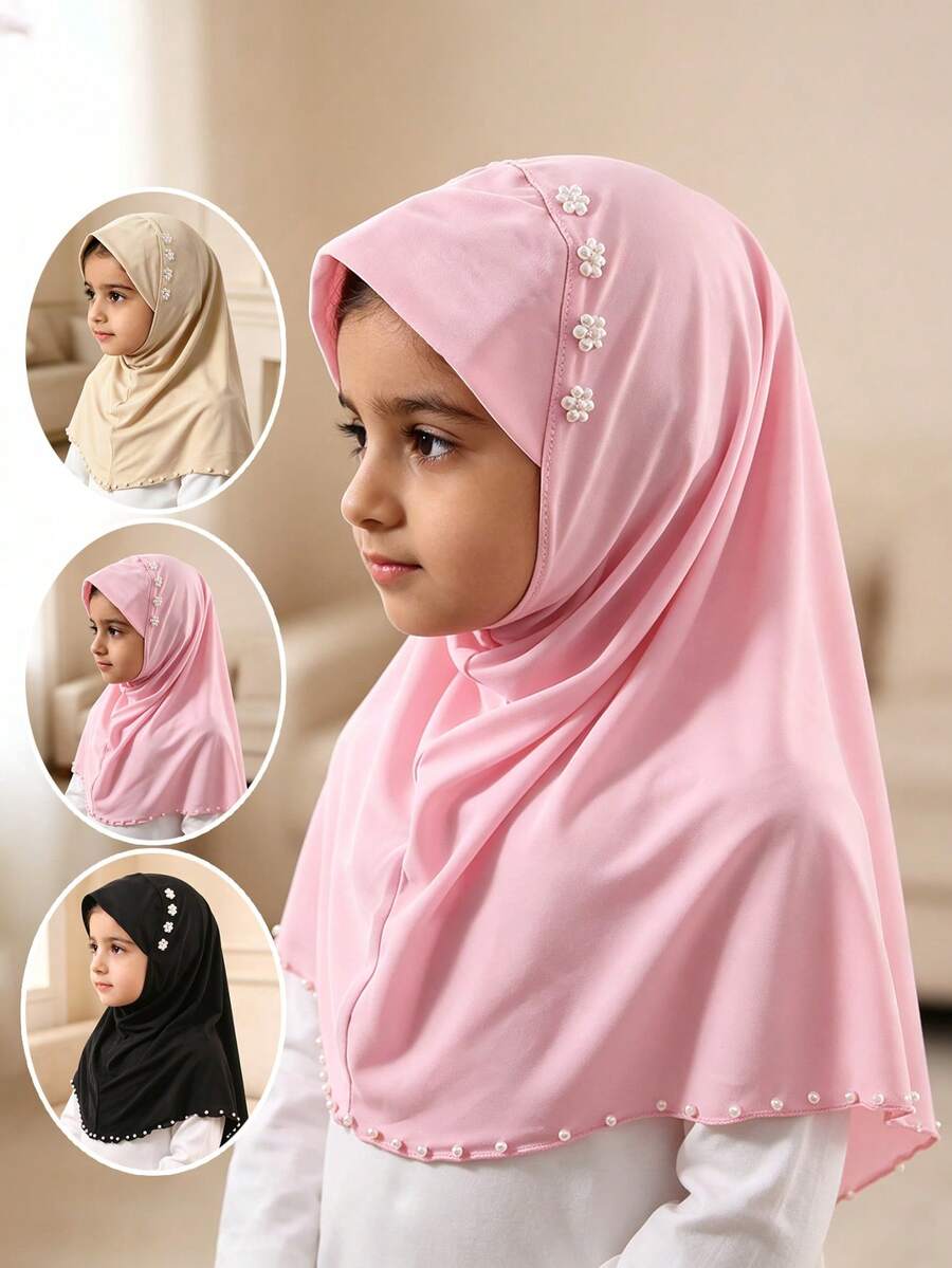 1pc Lightweight One-Piece Children's Headscarf, Decorated With Rhinestones, Pearls And Scalloped Edge, Easy To Wear Muslim Girl Hijab - 1PC - View 1