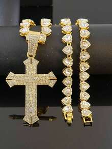 European And American Hip Hop Full Rhinestone Cross Pendant Necklace, Heart-Shaped Rhinestone Chain Men's Cool Accessory, Street Style Personalized Jewelry Gift - Cross Pendant Necklace - View 6