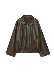 Women's Vintage Aviator PU Leather Jacket, Solid Color Casual Zipper Style With Pockets, Regular Fit Winter Coat - Dark Green - View 4