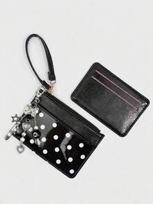 XD Y2K Polka Dot Mini Coin Purse - Fashionable PU Small Wallet With Black Pendant, Cute Card Holder, ID Organizer, Detachable Multi-Layer Slim Polka Dot Card Holder - Multicolor - View 2