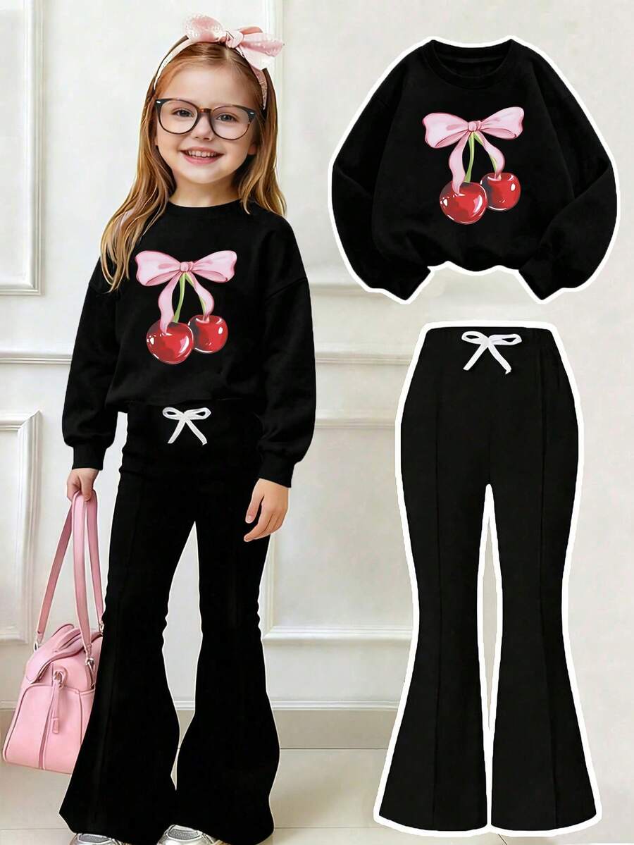 Bộ áo tay dài cổ tròn in hoạt hình quả anh đào và quần ống loe cho bé gái - màu đen - Xem 1