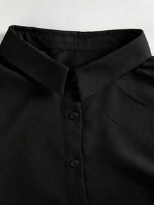 Women's Plus Size Solid Color Roll-Up Sleeve Long Button-Front Shirt Blouse Black - Black - View 4