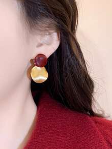 1 Pair Vintage Hong Kong Style Red Oil Drop Round Disc Earrings, Suitable For Women's Daily And Holiday Wear - Golden Yellow + Burgundy - View 4