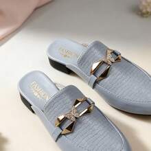 Elegant Light Blue Embossed Closed-Toe Half-Slingback Rhinestone Metal Bow Slip-On Flat Mule Shoes Preppy - Light Blue - View 4
