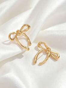 1 Pair Elegant Minimalist Textured Sweet Bow Earrings Suitable For Wedding, Festival, Party, Casual Wear - Gold - View 5