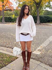 Women's V-Neck Raglan Patchwork Long Sleeve Casual Loose Fit Versatile Solid Color Hollow Sleeve Thick Knit Sweater Top Autumn/Winter - Beige - View 6