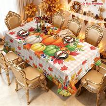 1/2pcs Autumn Tablecloth, Autumn Harvest Theme Polyester Fabric Tablecloth Orange Yellow Green White Pumpkin Maple Leaf Blueberry Pattern Suitable For Dining Room Table Coffee Table Kitchen Picnic Camping Country Farmhouse Decor Thanksgiving Autumn Holiday Tabletop Protection And Beautification - Multicolor - View 11