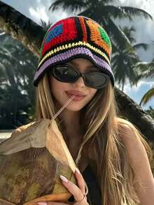 OBOVAY 1 buah Topi Ember Wanita Y2K Warna-warni Buatan Tangan, Topi Rajut Patchwork Blok Warna Gaya Hip-Hop Jalanan, Cocok untuk Pemakaian Sehari-hari, Liburan, Bohemian - Sepuluh warna - View 1