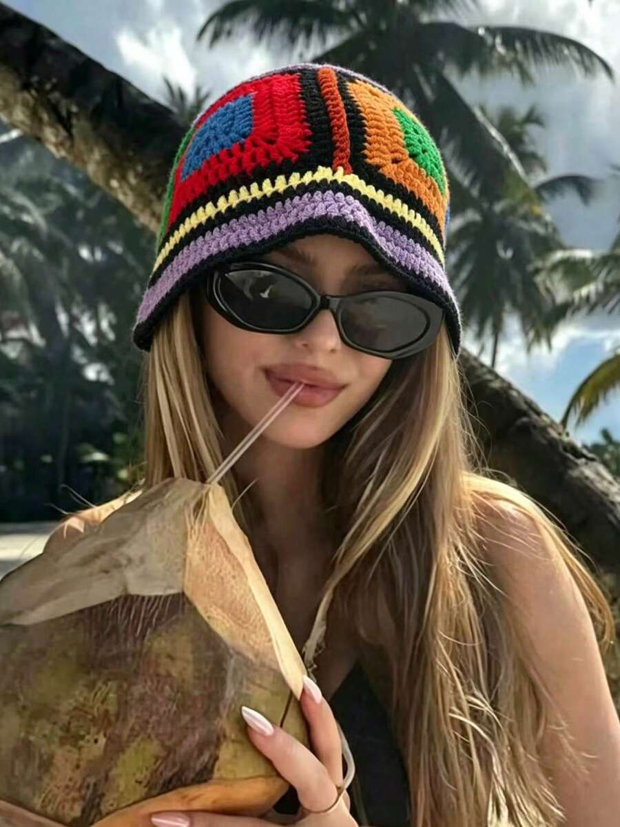 OBOVAY 1 buah Topi Ember Wanita Y2K Warna-warni Buatan Tangan, Topi Rajut Patchwork Blok Warna Gaya Hip-Hop Jalanan, Cocok untuk Pemakaian Sehari-hari, Liburan, Bohemian - Sepuluh warna - View 1