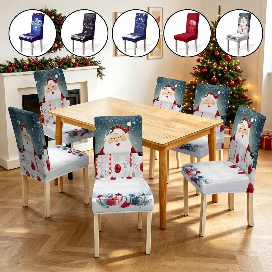 1/2/4/6pcs Christmas Print Chair Covers, Cartoon Holiday Atmosphere Decor, Dust-Proof Elastic Full-Coverage Chair Covers