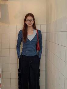女款秋季疊穿內搭上衣，高級 2 合 1 T恤，黑色長袖，獨特亮眼上衣 - 藍色 - 查看 3