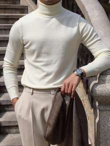 Men's Long Sleeve Turtleneck Pullover Knit Sweater , Fall Winter - White - View 5