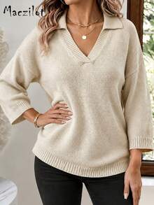 Plus Size Women Fall Winter Lapel V-Neck 3/4 Sleeve Pullover Sweater, Elegant Loose Knit Top For Commute & Datee - Beige - View 4