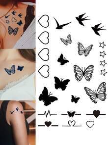 Herbal Juice Semi-Permanent Magic Tattoo Sticker, Minimalist Heart Butterfly Star Swallow Pattern, Long-Lasting 14 Days No Fading No Reflection, Temporary Tattoo Sticker For Arm Shoulder Neck Body, 1pc/Pack - Blue - View 1