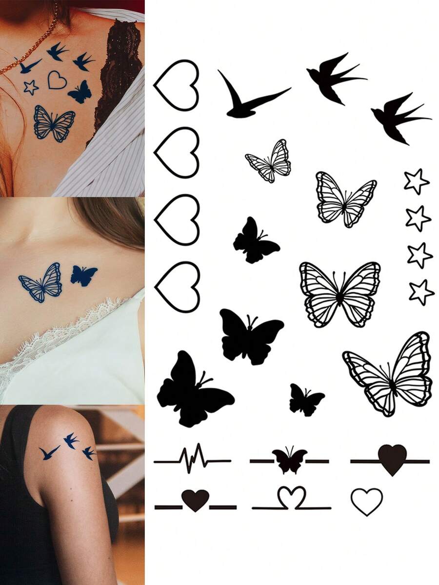 Herbal Juice Semi-Permanent Magic Tattoo Sticker, Minimalist Heart Butterfly Star Swallow Pattern, Long-Lasting 14 Days No Fading No Reflection, Temporary Tattoo Sticker For Arm Shoulder Neck Body, 1pc/Pack - Blue - View 1