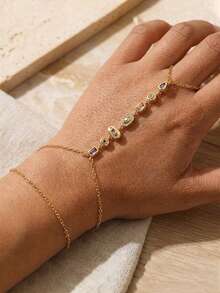 1pc Rhinestone Chain Hand Back Bracelet, Finger Chain, Luxury Elegant, Suitable For Wedding, Party, Vacation, Daily, Street Style, Couple Women Gift, Holiday, Birthday - Gold - View 1