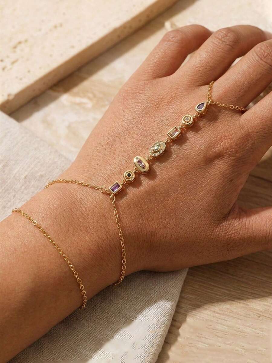 1pc Rhinestone Chain Hand Back Bracelet, Finger Chain, Luxury Elegant, Suitable For Wedding, Party, Vacation, Daily, Street Style, Couple Women Gift, Holiday, Birthday - Gold - View 1