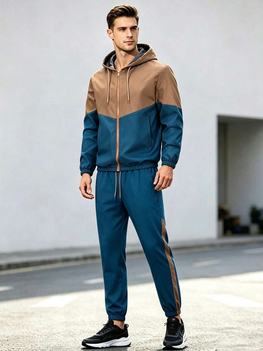男士拼色拉鍊連帽外套與抽繩慢跑褲2件套，長袖連帽夾克與運動長褲，適合日常健身與街頭穿搭