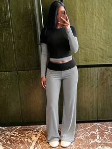 LovelyWholesale Women's 2pcs Set With 2 In 1 Contrast Color Round Neck Long Sleeve Top And Contrast Color High Waist Striped Wide Leg Pants, Casual Outfit For Autumn And Late Autumn - Black - View 2