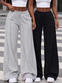 Women's Vertical Stitch Wide Leg Sweatpants, Elastic Waist Drawstring Loose Straight Leg Casual Knit Pants - Grey - View 2
