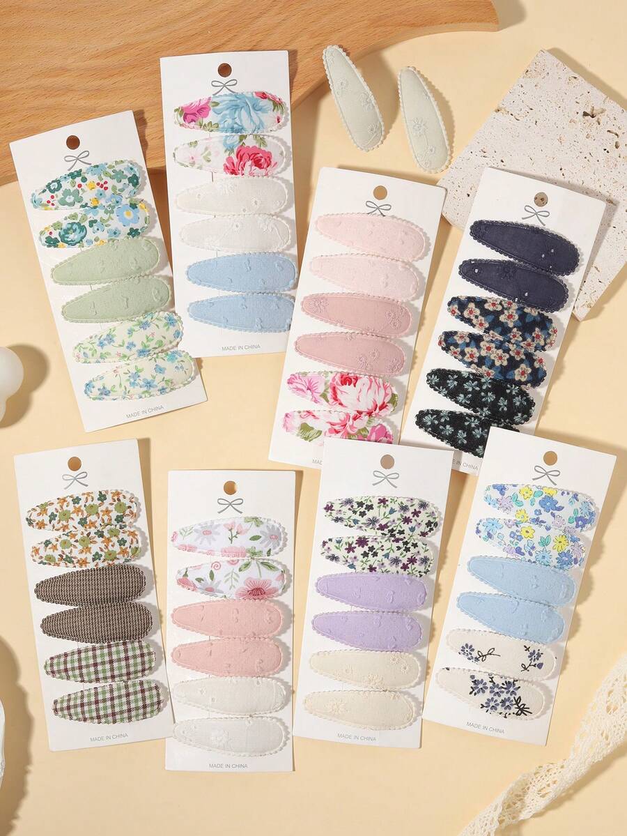 6pcs Multicolor Floral Fabric Water Drop Hair Clips Set, Fresh Pastoral Style Side Clips For Little Girls - Mixed color - View 1