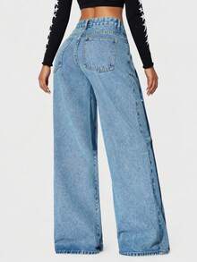 Celana Jeans Wanita Biru Kasual Pinggang Rendah Kaki Lebar dengan Kantong Miring Melengkung - Royal Blue - View 2