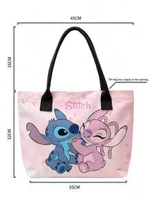 Miniso Disney Stitch & Angel 粉色紮染帆布托特包，休閒手提肩背包，適合日常使用 - 黑色 - 查看 6