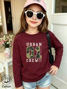 Girls' Cute Printed Long-Sleeve Casual Sports T-Shirt With Set-In Sleeves And A Round Neckline - Jujube Red - View 1